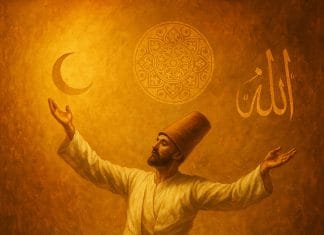 Come, Sit with Me in the Silence – And Remember Who You Are A whirling dervish dancing in golden light with spiritual symbols, honoring Rumi’s teachings on solitude, surrender, and divine love